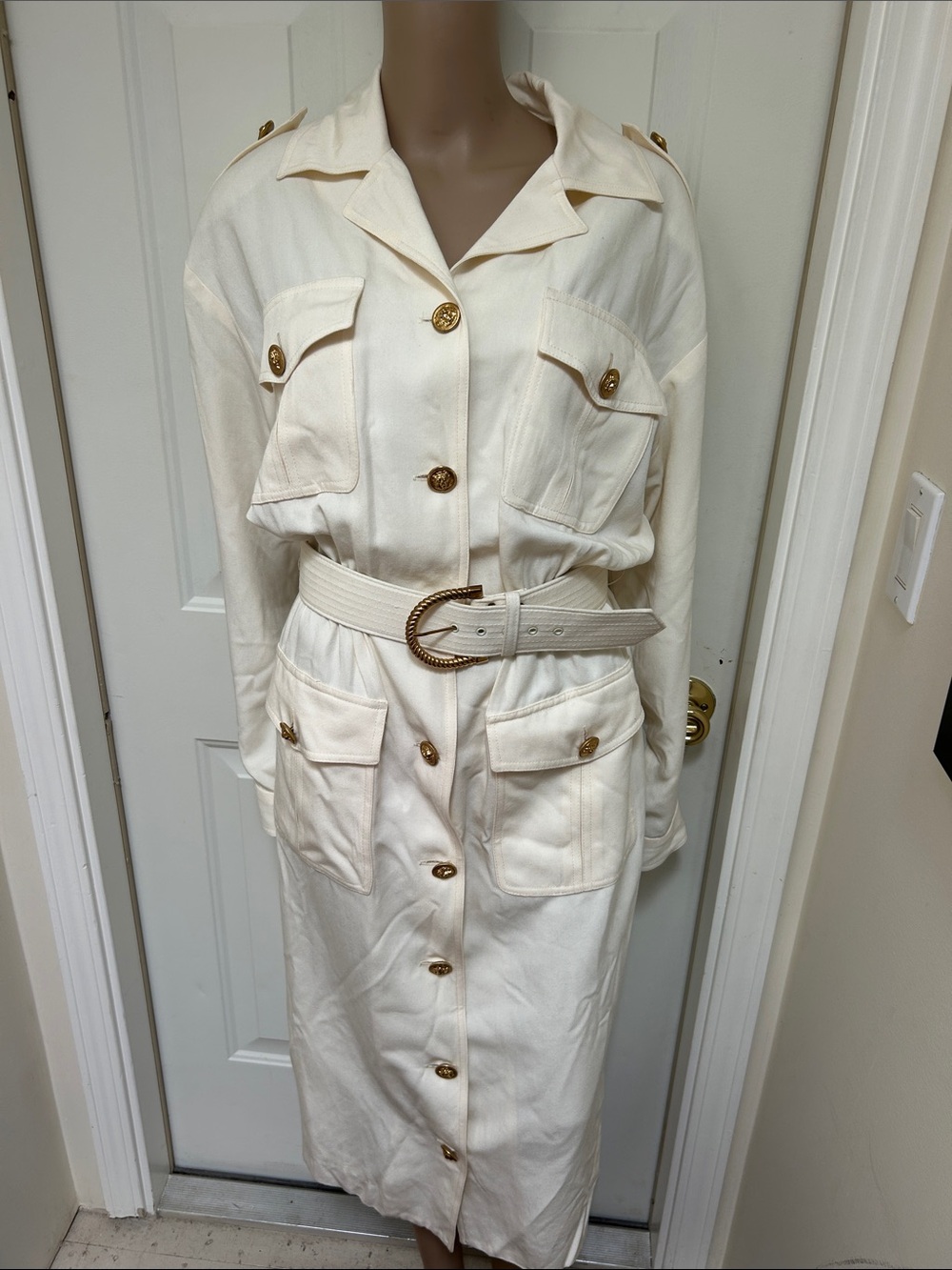 Vintage 80’s N.R.1 Cream Long-Sleeve Shirt Dress with Belt Military Gold Buttons